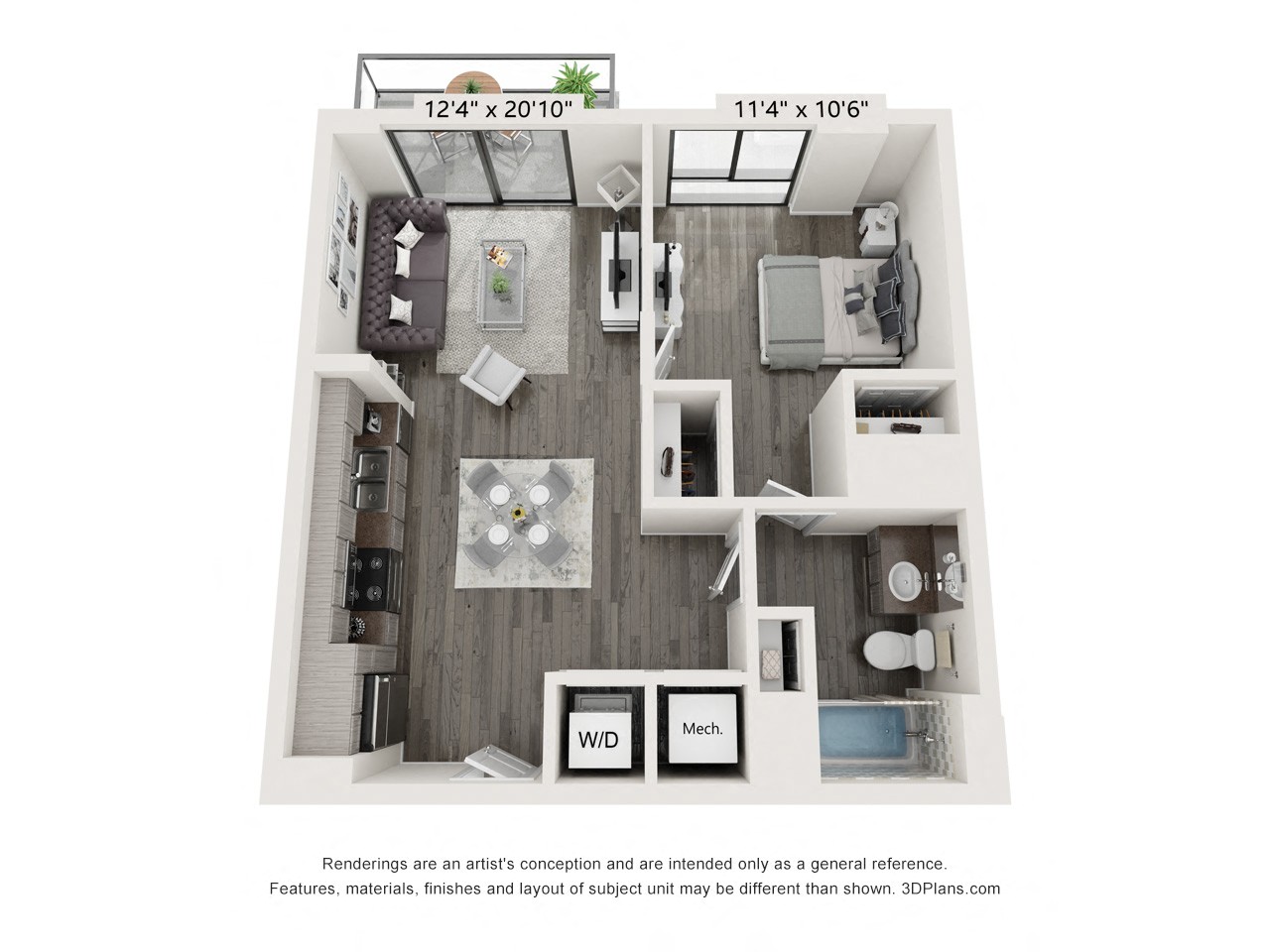 Floor plan for 1 bed, 1 bath, 748 sqft